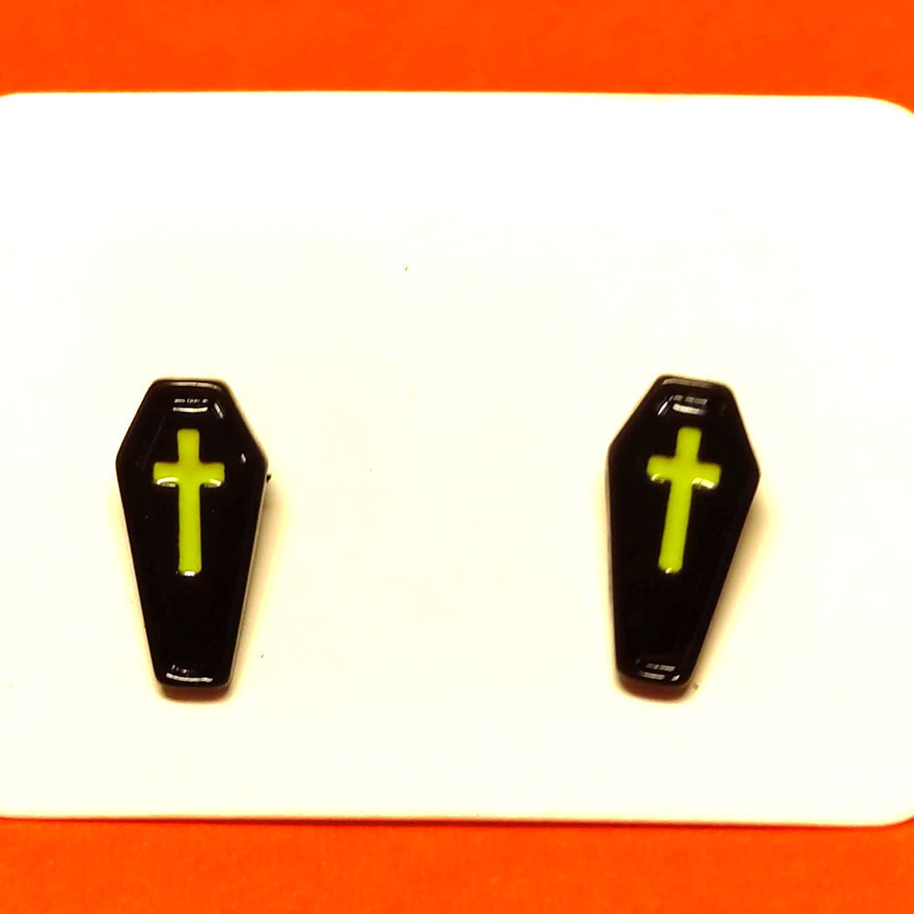 3/$15 BLACK COFFIN EARRINGS HALLOWEEN GOTH DARK GLOWING CROSS GLOWING NEW